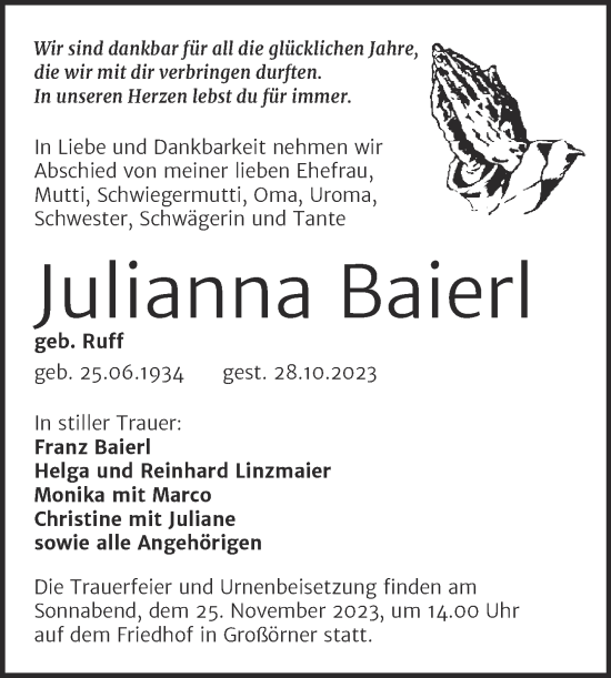 Traueranzeige von Julianna Baierl von Trauerkombi Mansfelder Land