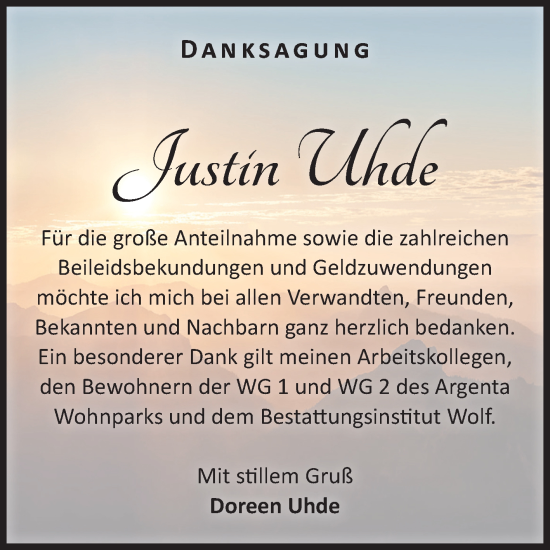 Traueranzeige von Justin Uhde von Volksstimme Wernigerode
