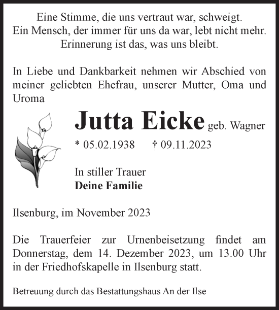 Traueranzeige von Jutta Eicke von Volksstimme Wernigerode