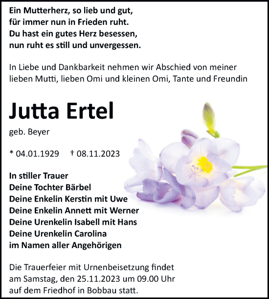 Traueranzeige von Jutta Ertel von Trauerkombi Bitterfeld
