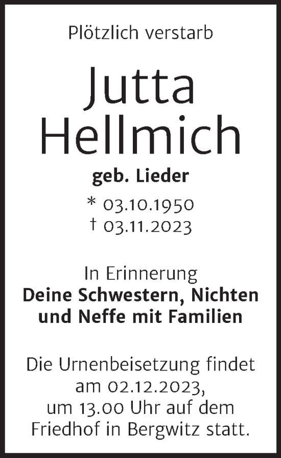 Traueranzeige von Jutta Hellmich von Trauerkombi Wittenberg