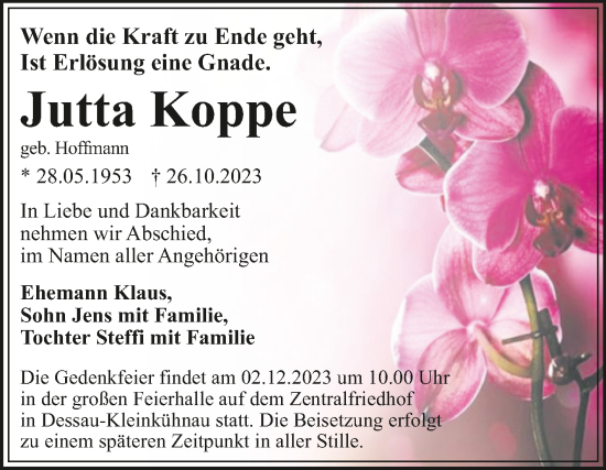 Traueranzeige von Jutta Koppe von Trauerkombi Dessau