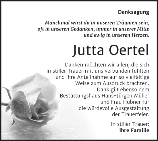 Traueranzeige von Jutta Oertel von Trauerkombi Aschersleben