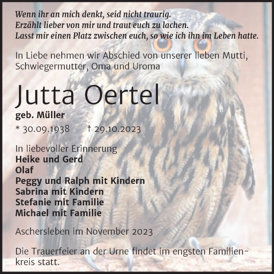 Traueranzeige von Jutta Oertel von Trauerkombi Aschersleben