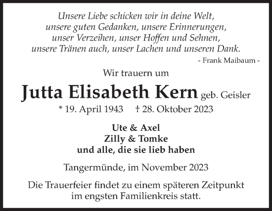 Traueranzeige von Jutta Elisabeth Kern von Volksstimme Altmark Ost