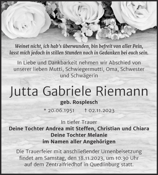 Traueranzeige von Jutta Gabriele Riemann von Trauerkombi Quedlinburg
