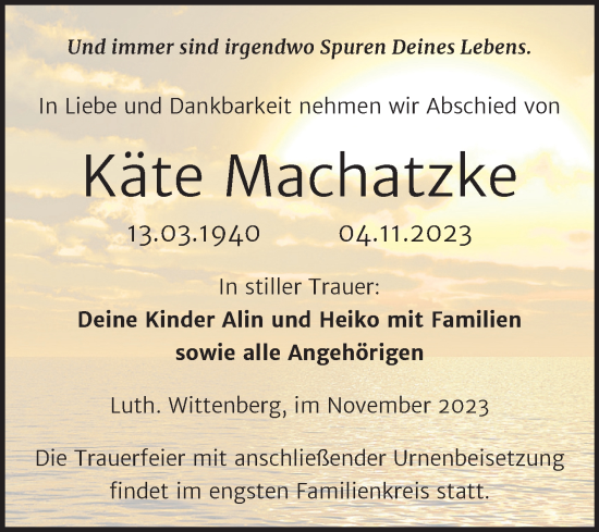 Traueranzeige von Käte Machatzke von Trauerkombi Wittenberg