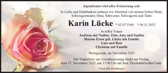 Traueranzeige von Karin Lücke von Volksstimme Wernigerode