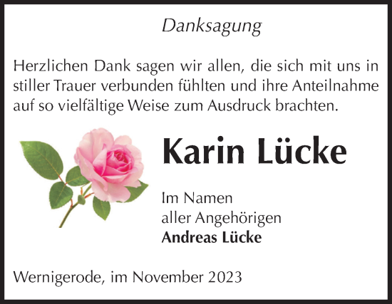 Traueranzeige von Karin Lücke von Volksstimme Wernigerode