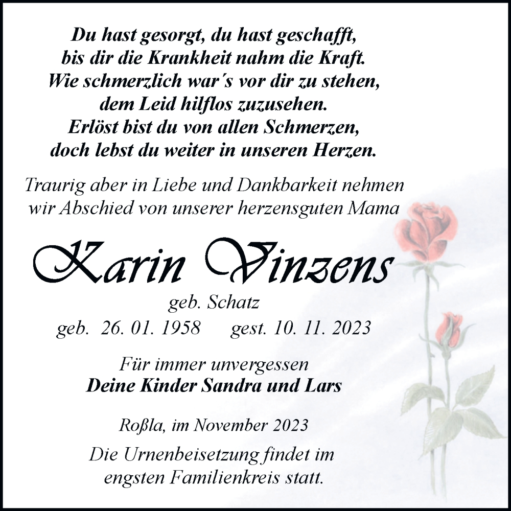  Traueranzeige für Karin Vinzens vom 18.11.2023 aus Mitteldeutsche Zeitung Sangerhausen