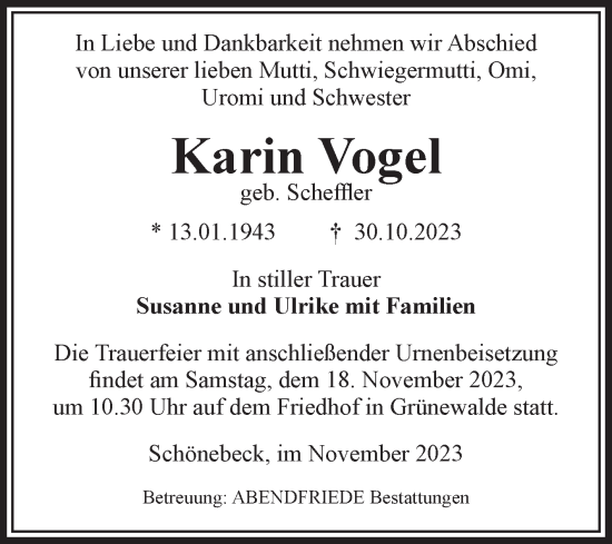 Traueranzeige von Karin Vogel von Volksstimme Schönebeck