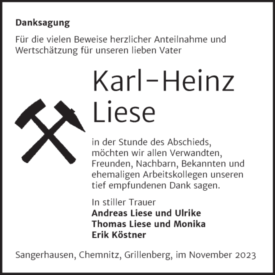 Traueranzeige von Karl-Heinz Liese von Trauerkombi Sangerhausen