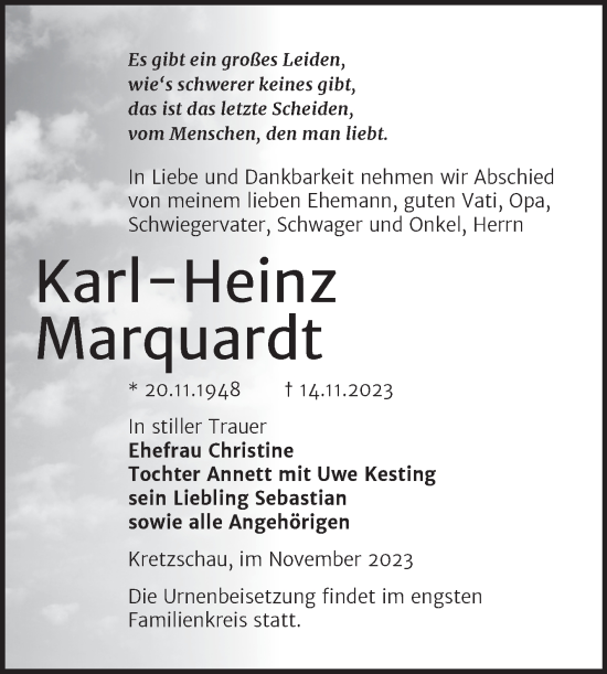 Traueranzeige von Karl-Heinz Marquardt von Trauerkombi Zeitz