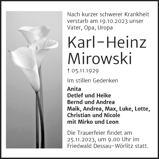 Traueranzeige von Karl-Heinz Mirowski von Trauerkombi Dessau