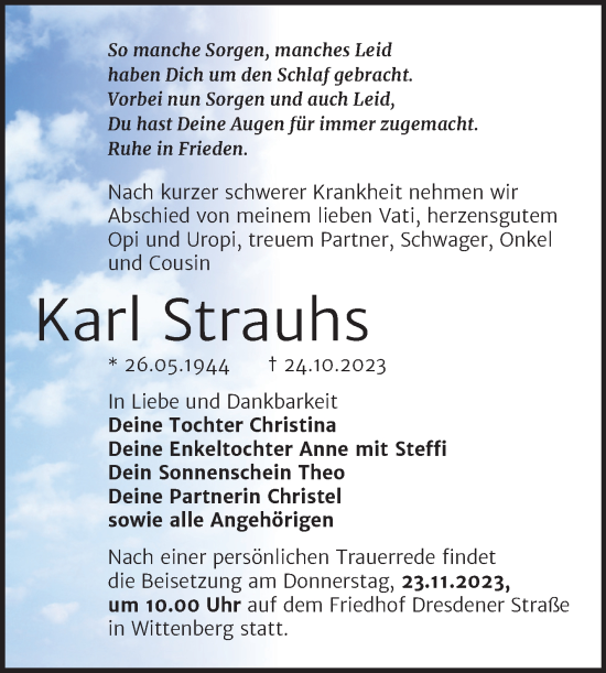 Traueranzeige von Karl Strauhs von Trauerkombi Wittenberg