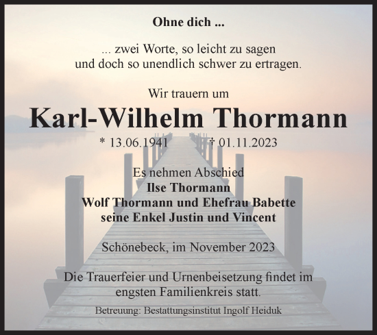 Traueranzeige von Karl-Wilhelm Thormann von Volksstimme Schönebeck