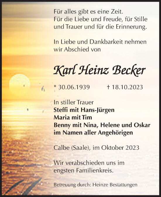 Traueranzeige von Karl Heinz Becker von Volksstimme Schönebeck