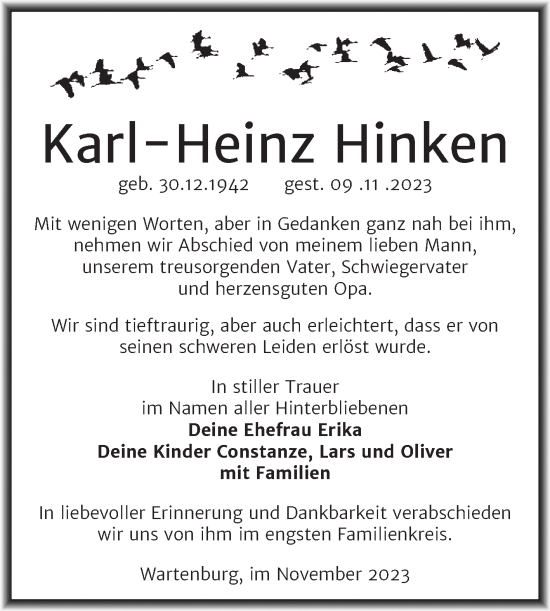Traueranzeige von Karl Heinz Hinken von Trauerkombi Wittenberg