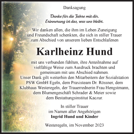Traueranzeige von Karlheinz Hund von Volksstimme Staßfurt