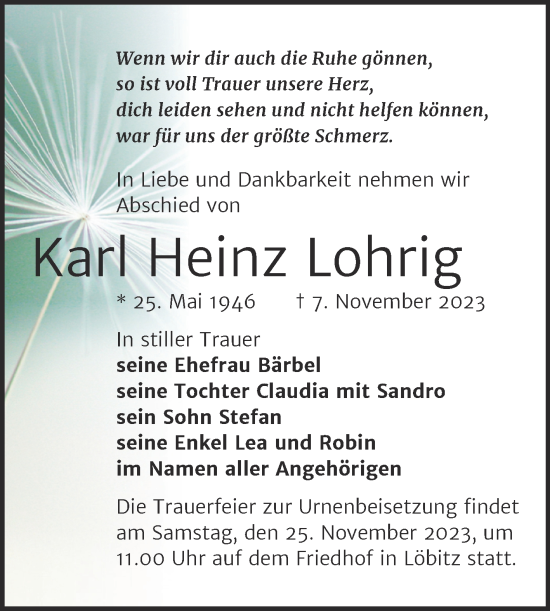 Traueranzeige von Karl Heinz Lohrig von Wochenspiegel Naumburg/Nebra
