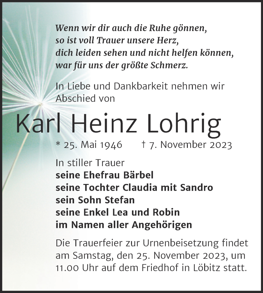  Traueranzeige für Karl Heinz Lohrig vom 15.11.2023 aus Wochenspiegel Naumburg/Nebra