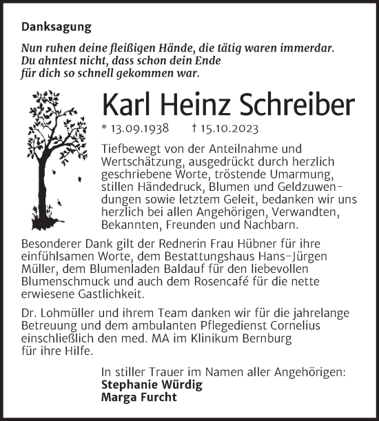 Traueranzeige von Karl Heinz Schreiber von Trauerkombi Aschersleben