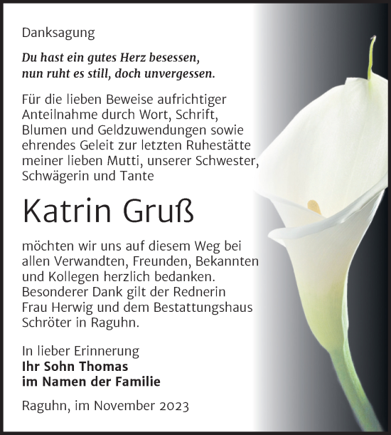 Traueranzeige von Katrin Gruß von Trauerkombi Bitterfeld