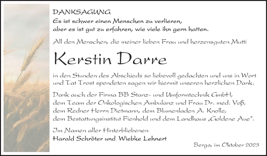 Traueranzeige von Kerstin Darre von Trauerkombi Sangerhausen