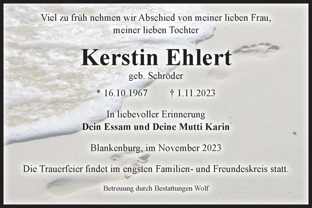  Traueranzeige für Kerstin Ehlert vom 11.11.2023 aus Volksstimme Wernigerode