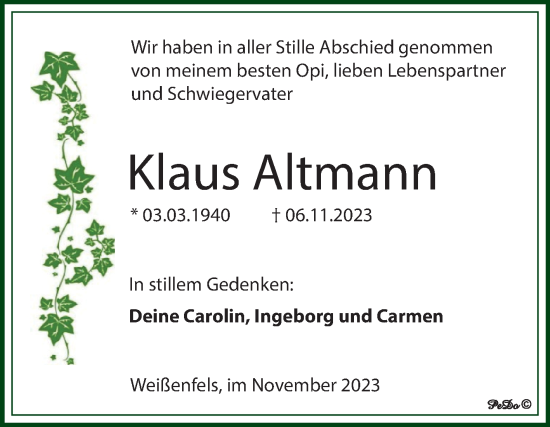Traueranzeige von Klaus Altmann von Trauerkombi Weißenfels