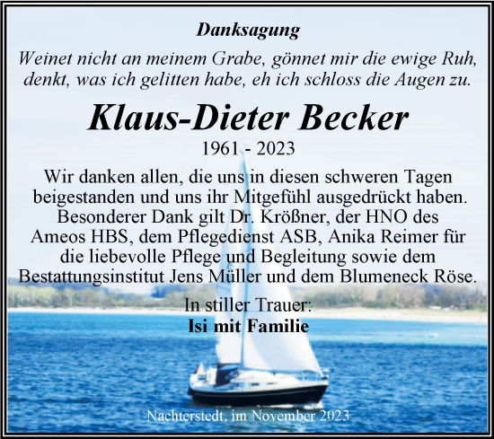 Traueranzeige von Klaus-Dieter Becker von Trauerkombi Aschersleben