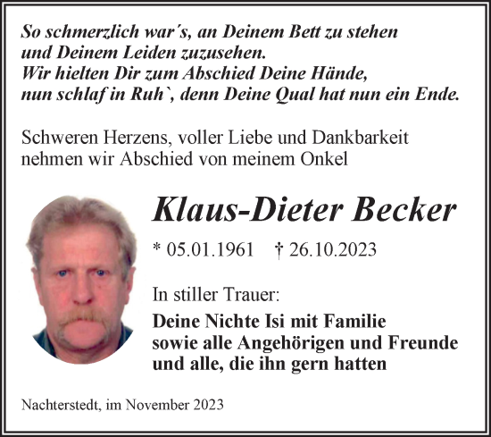 Traueranzeige von Klaus-Dieter Becker von Trauerkombi Aschersleben