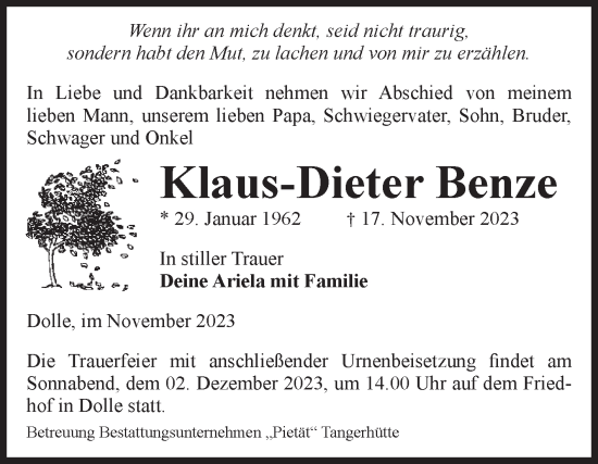 Traueranzeige von Klaus-Dieter Benze von Volksstimme Haldensleben/Wolmirstedt