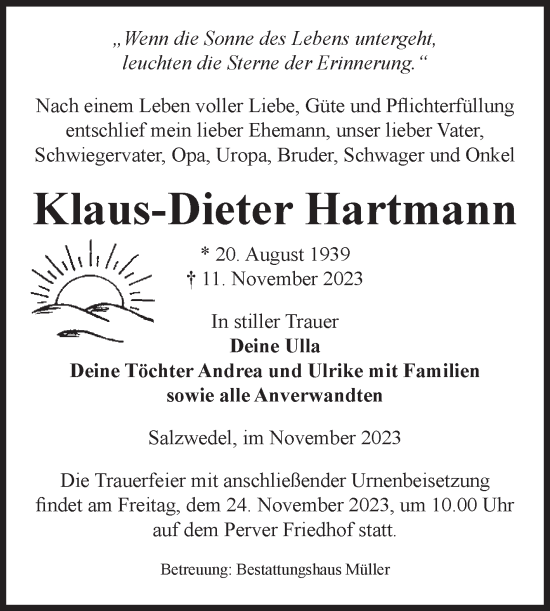 Traueranzeige von Klaus-Dieter Hartmann von Volksstimme Altmark West