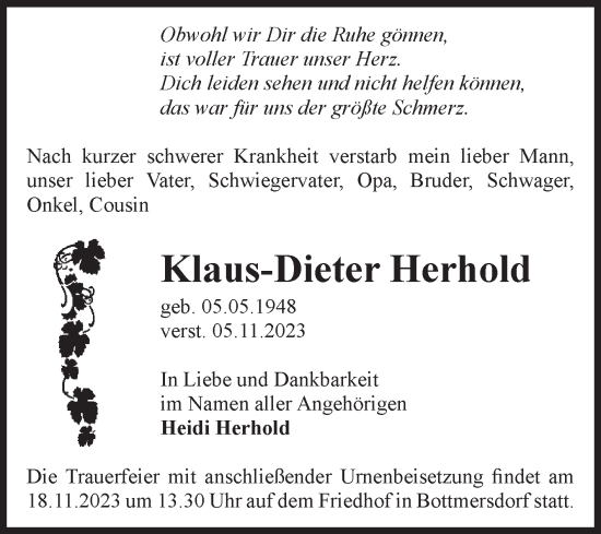 Traueranzeige von Klaus-Dieter Herhold von Volksstimme Oschersleben/Wanzleben