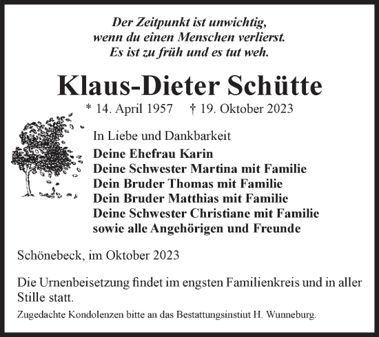 Traueranzeige von Klaus-Dieter Schütte von Volksstimme Schönebeck