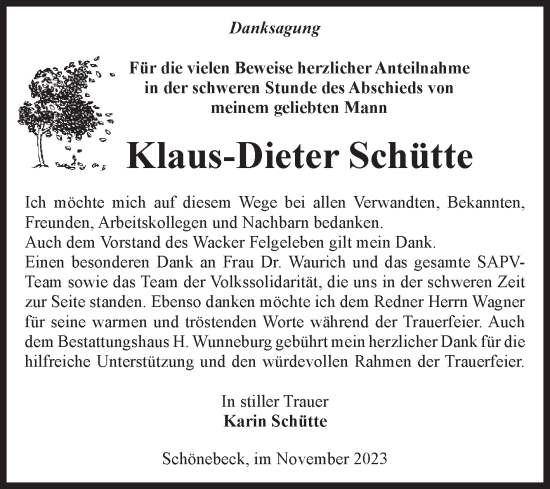 Traueranzeige von Klaus-Dieter Schütte von Volksstimme Schönebeck