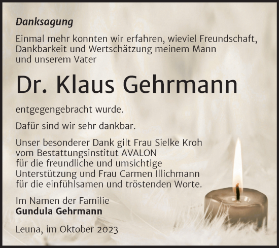 Traueranzeige von Klaus Gehrmann von Trauerkombi Merseburg
