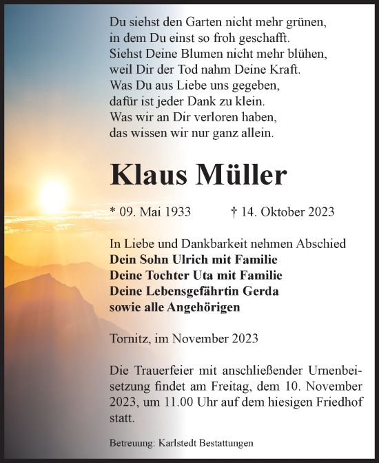 Traueranzeige von Klaus Müller von Volksstimme Schönebeck