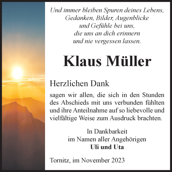 Traueranzeige von Klaus Müller von Volksstimme Schönebeck