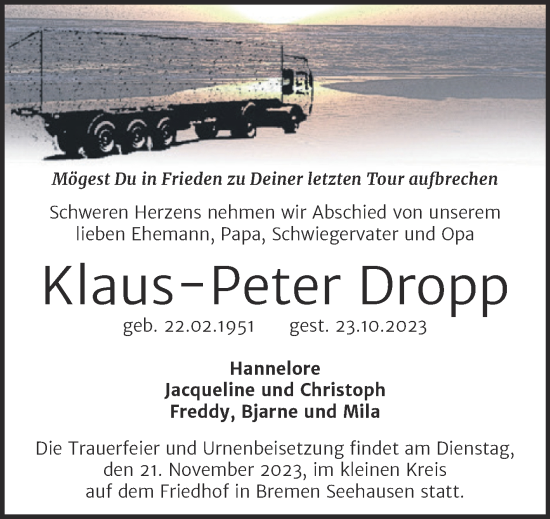 Traueranzeige von Klaus-Peter Dropp von Trauerkombi Wittenberg