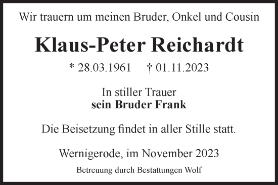 Traueranzeige von Klaus-Peter Reichardt von Volksstimme Wernigerode