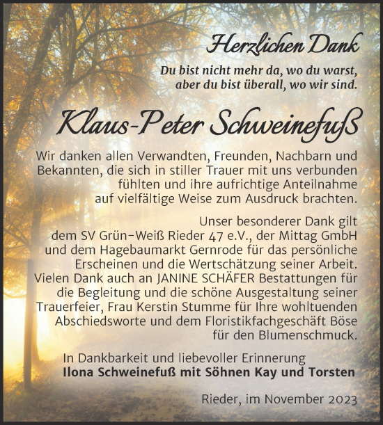 Traueranzeige von Klaus-Peter Schweinefuß von Trauerkombi Quedlinburg