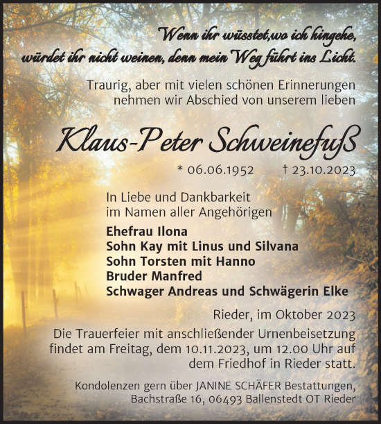 Traueranzeige von Klaus-Peter Schweinefuß von Trauerkombi Quedlinburg
