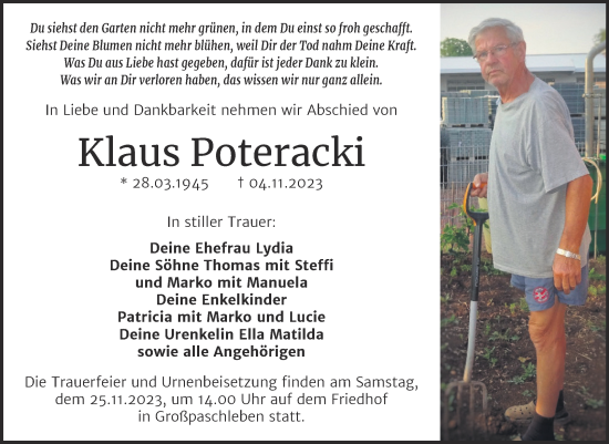 Traueranzeige von Klaus Poteracki von Trauerkombi Köthen