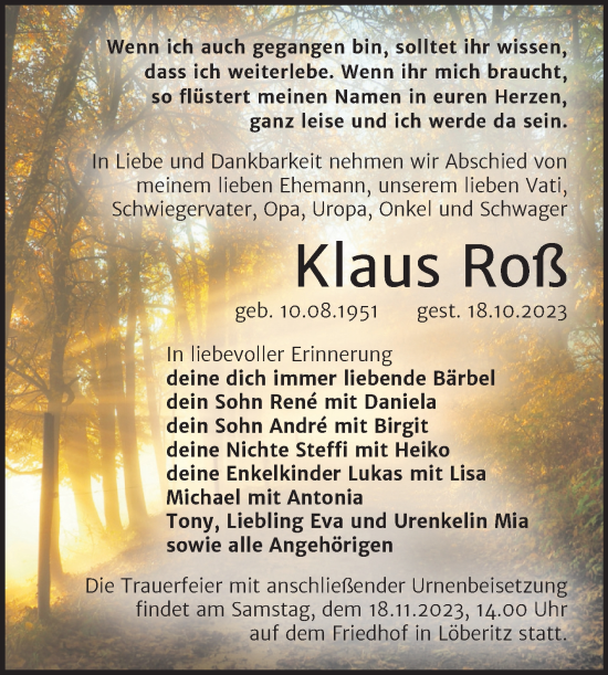 Traueranzeige von Klaus Roß von Trauerkombi Bitterfeld