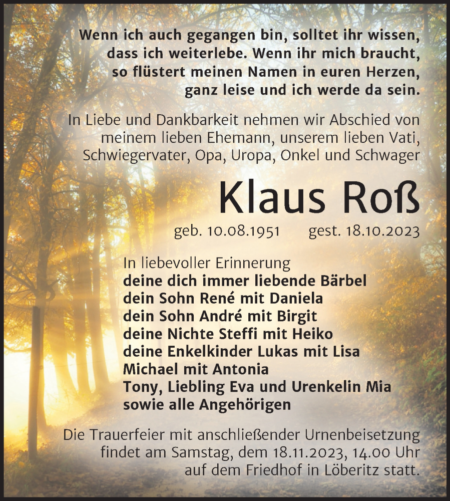  Traueranzeige für Klaus Roß vom 01.11.2023 aus Trauerkombi Bitterfeld