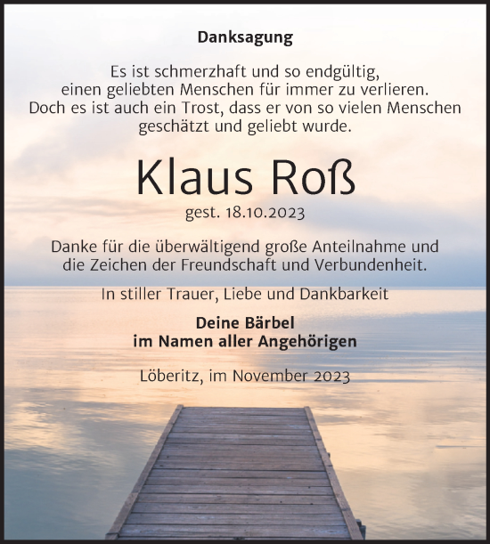 Traueranzeige von Klaus Roß von Trauerkombi Bitterfeld