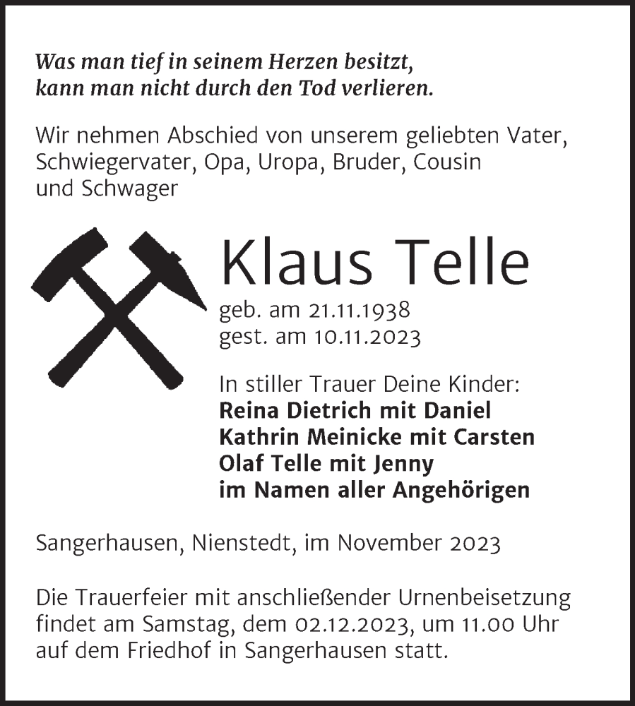  Traueranzeige für Klaus Telle vom 22.11.2023 aus Trauerkombi Sangerhausen
