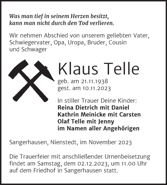 Traueranzeige von Klaus Telle von Trauerkombi Sangerhausen